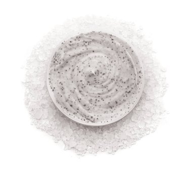 Jar with natural body scrub and sea salt on white background