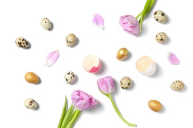 Composition with Easter eggs and tulip flowers isolated on white background