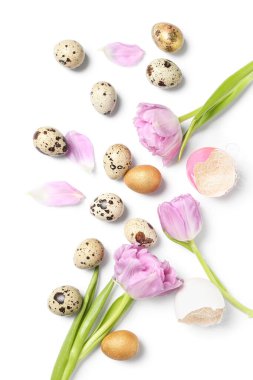 Composition with Easter eggs and tulip flowers isolated on white background