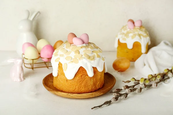 Easter Cakes Painted Eggs Bunnies Pussy Willow Branches Table White — стоковое фото