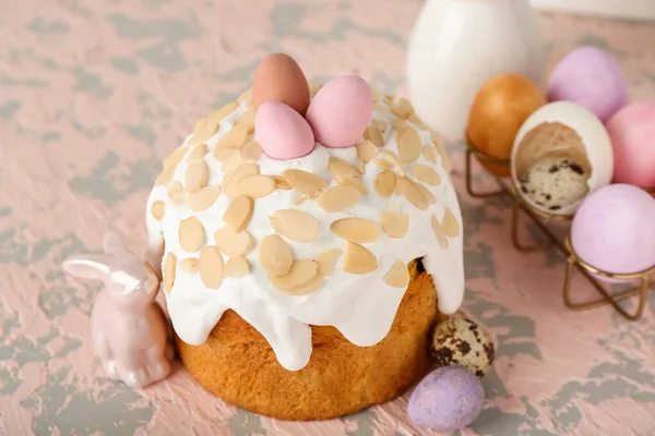 Easter Cake Painted Eggs Bunny Pink Grunge Background — стоковое фото