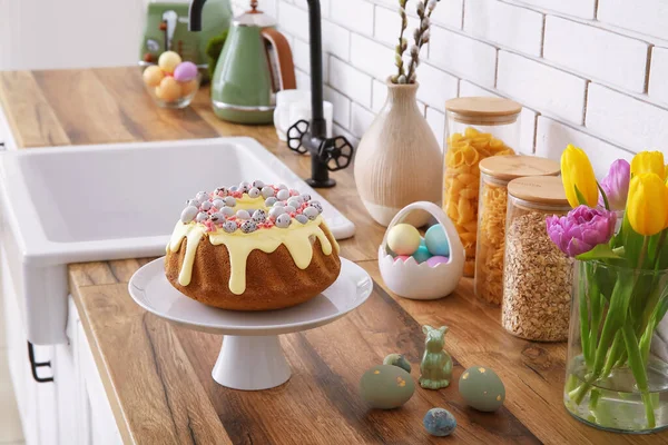 Dessert Stand Easter Cake Painted Eggs Kitchen Counter — стоковое фото