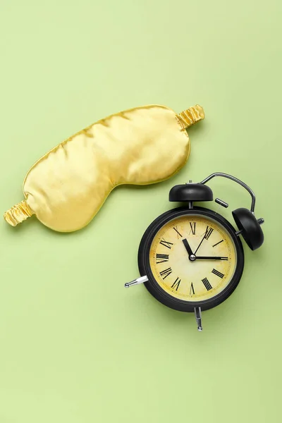 Sleeping Mask Alarm Clock Green Background World Sleep Day Concept — Stockfoto