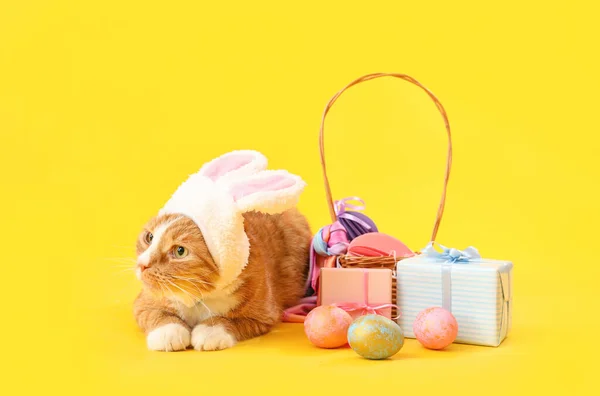 Cute Cat Bunny Ears Easter Eggs Gifts Yellow Background — Stockfoto