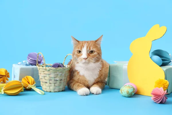 Cute Cat Easter Eggs Gifts Paper Rabbit Blue Background — Stockfoto