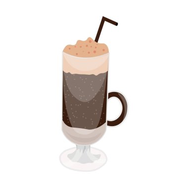 Glass cup of sweet coffee cocktail on white background