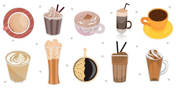 Набор различных кофейных напитков на белом фоне