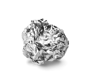 Crumpled ball of aluminium foil on white background