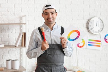 Male painter with color palette and brush in room