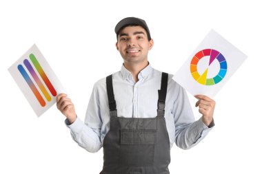 Male painter with color palettes on white background