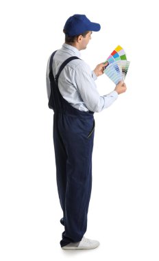 Male painter with color palettes on white background