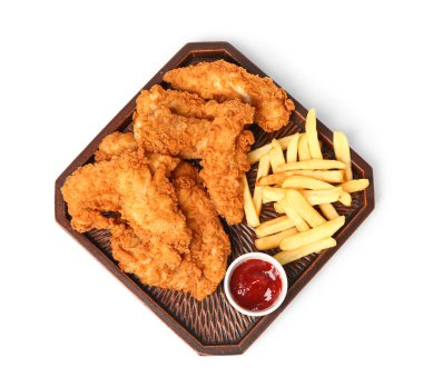 Plate with tasty nuggets, french fries and sauce on white background