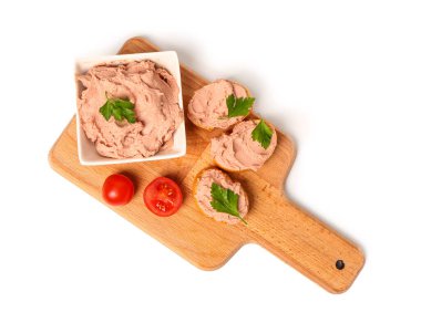 Wooden board with toasts, delicious pate and tomatoes on white background