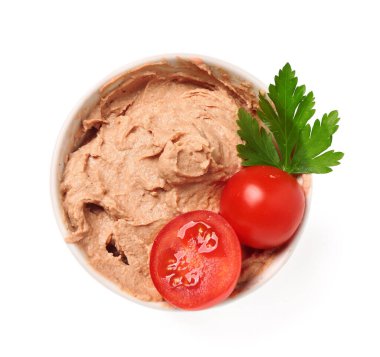 Bowl of tasty pate with tomatoes on white background