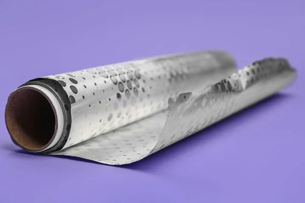 Roll Aluminium Foil Lilac Background Closeup — Stock Photo, Image