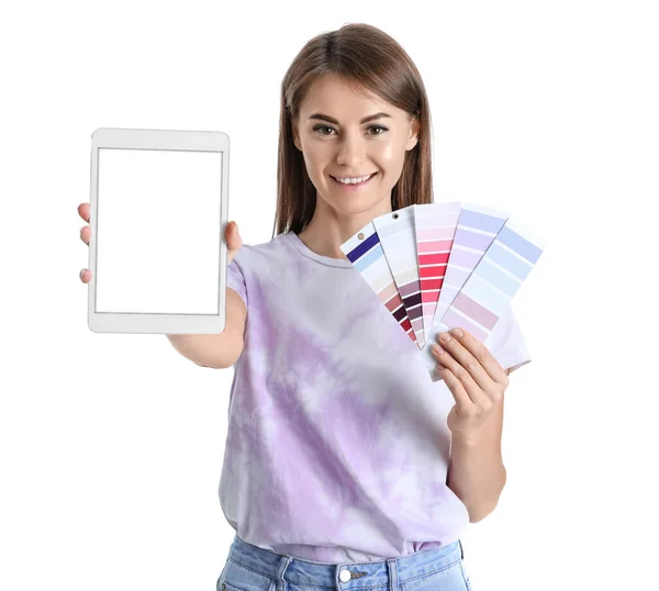 Beautiful Woman Paint Color Palettes Tablet Computer White Background — Stock Photo, Image