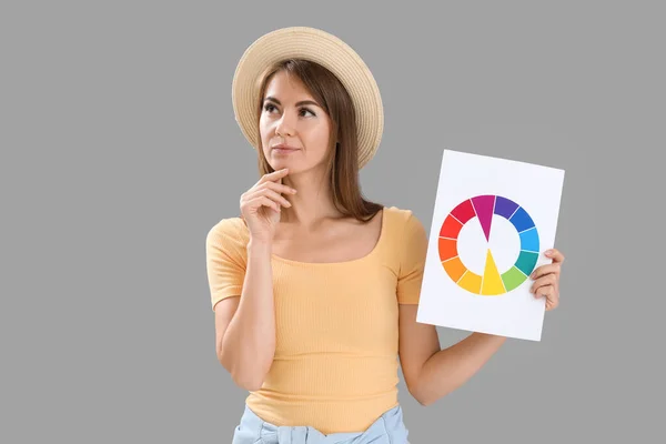 Thoughtful Young Woman Paint Color Palette Grey Background — Stock Photo, Image