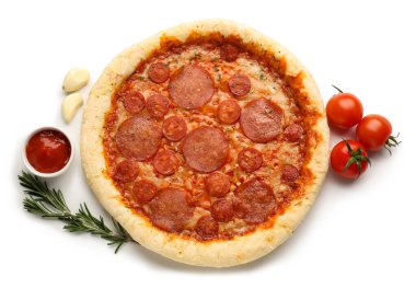 Delicious pepperoni pizza and ingredients isolated on white background