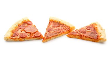Slices of delicious pepperoni pizza isolated on white background