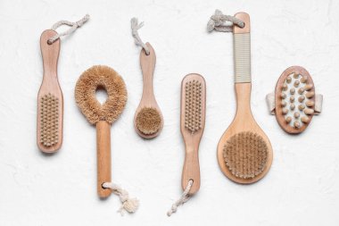 Set of different massage brushes on light background