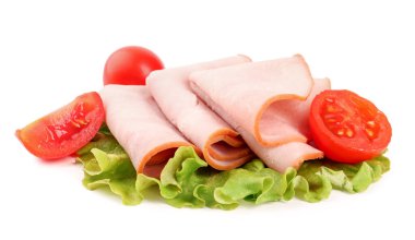 Slices of tasty ham, lettuce and tomatoes isolated on white background