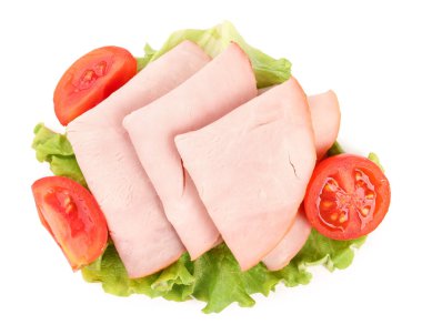 Slices of tasty ham, lettuce and tomatoes isolated on white background
