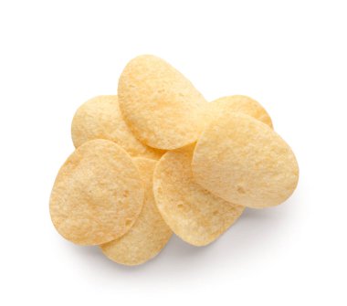 Heap of delicious potato chips isolated on white background