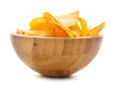 Bowl with delicious potato chips isolated on white background