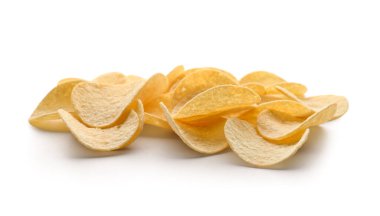 Heap of delicious potato chips isolated on white background