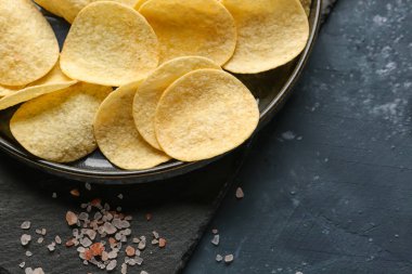 Plate with delicious potato chips and sea salt on grey grunge background