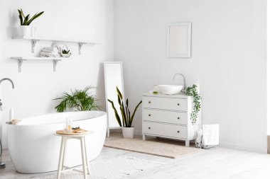 Interior of light bathroom with sink, bathtub and houseplants
