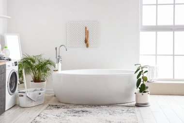 Interior of bathroom with bathtub, houseplants and pegboard
