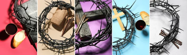 Collage of crown of thorns with cross, nails, mallet, wine, bread and Holy Bible on color background