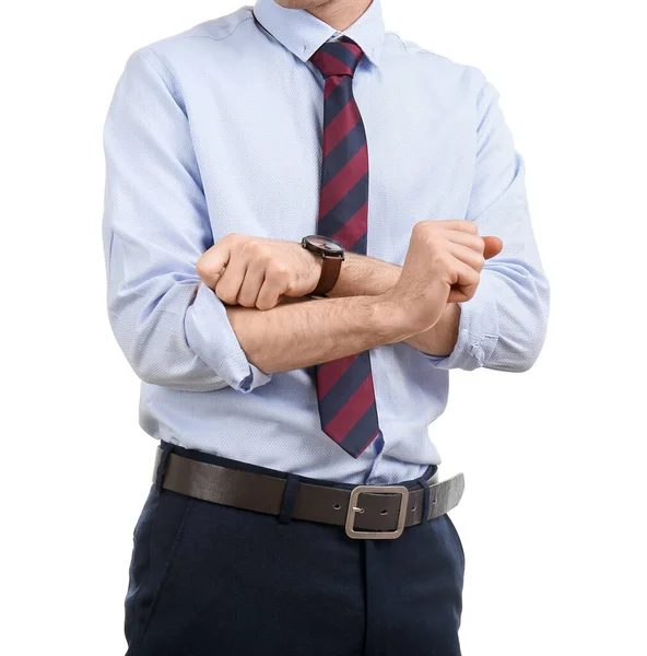 Young Businessman Rolling His Sleeve White Background — Stockfoto