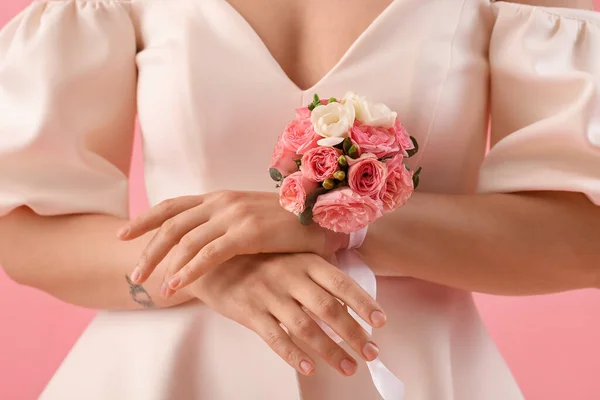 Young Woman Prom Dress Corsage Pink Background Closeup — Stockfoto