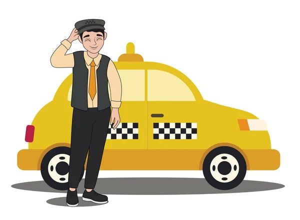 白い背景の車の近くの男性タクシー運転手 — ストックベクタ