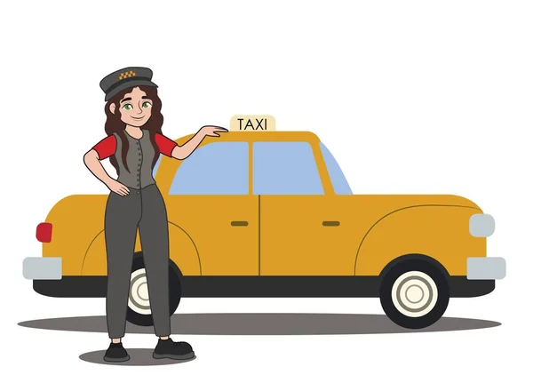 白い背景の車の近くの女性タクシー運転手 — ストックベクタ