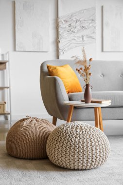 Kuru kamışlı vazo, masada kitap ve oturma odasında puf.