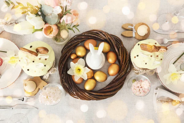 Festive Table Setting Easter Celebration Top View — Stock Photo, Image