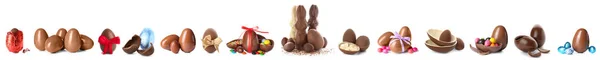 白色背景的一组甜巧克力蛋和兔子 — 图库照片