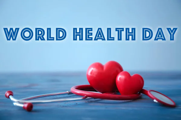 Stethoskop Mit Rotem Herz Auf Blauem Hintergrund Weltgesundheitstag — Stockfoto