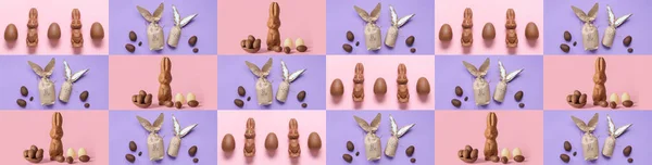 Collage Met Zoete Chocolade Paaseieren Konijntjes Kleur Achtergrond Patroon Voor — Stockfoto