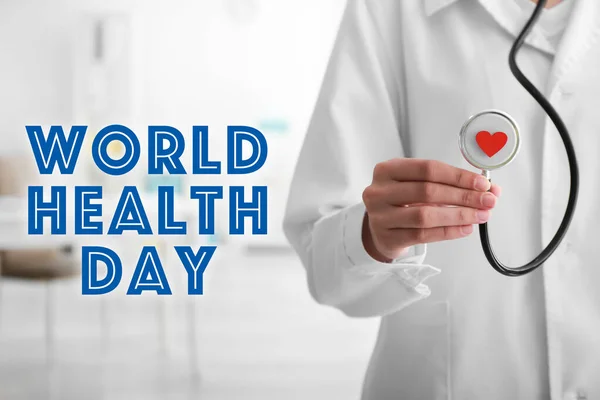 Cardiologista Com Estetoscópio Clínica Close Dia Mundial Saúde — Fotografia de Stock