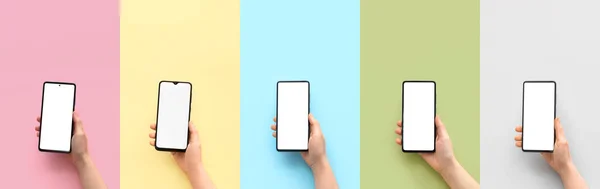 Collage Manos Con Teléfonos Móviles Modernos Sobre Fondo Color Claro —  Fotos de Stock