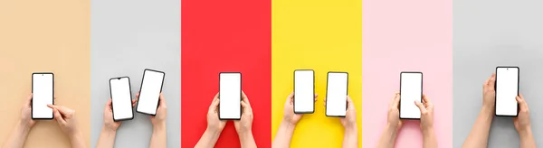Colagem Mãos Com Telefones Celulares Modernos Fundo Cor — Fotografia de Stock