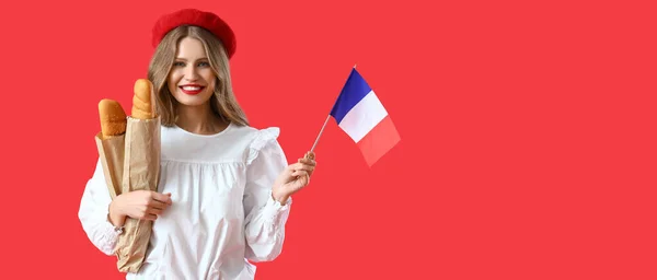 Beautiful Young Woman Flag France Baguette Red Background Space Text — Stock Photo, Image