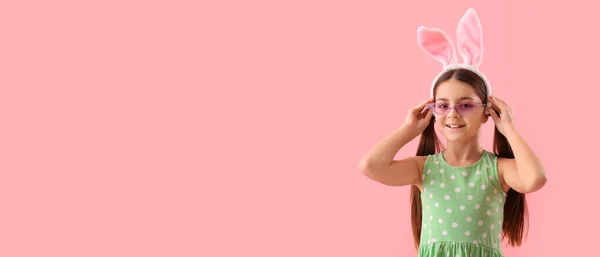 Cute Little Girl Bunny Ears Pink Background Space Text — Stock Photo, Image