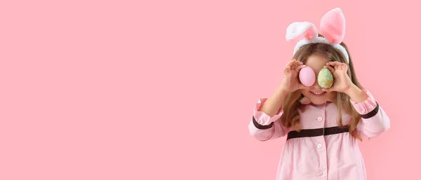 Funny Girl Bunny Ears Easter Eggs Pink Background Space Text — Stock Photo, Image