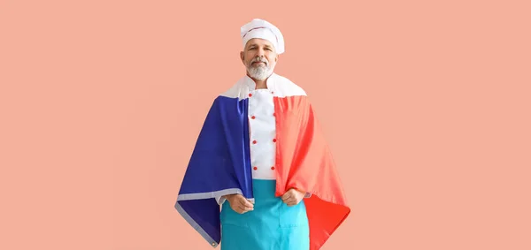 Chef Maturo Con Bandiera Francia Sfondo Beige — Foto Stock