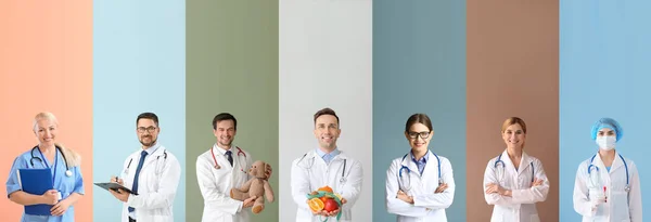 Kolaż Wieloma Lekarzami Tle Koloru — Zdjęcie stockowe